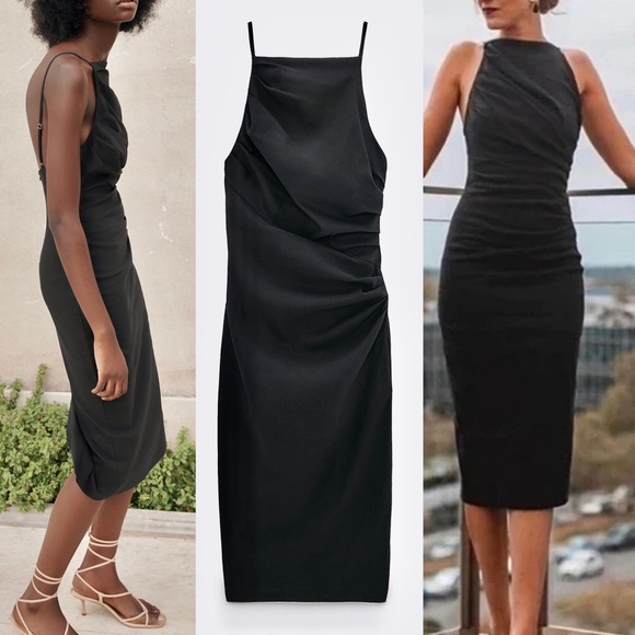 Zara Dresses & Skirts - Zara NWOT square neck black ruched midi dress